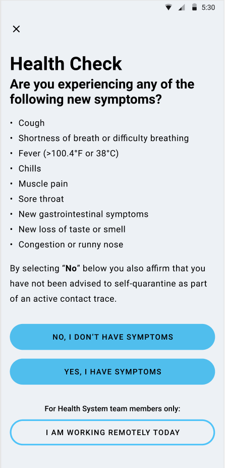 list of symptoms and self-quarantine statement with I Agree or I Do Not Agree buttons